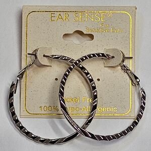 Ear Sense Silvertone Twisted Hoop Earrings Sensitive Hypoallergenic Nickel Free